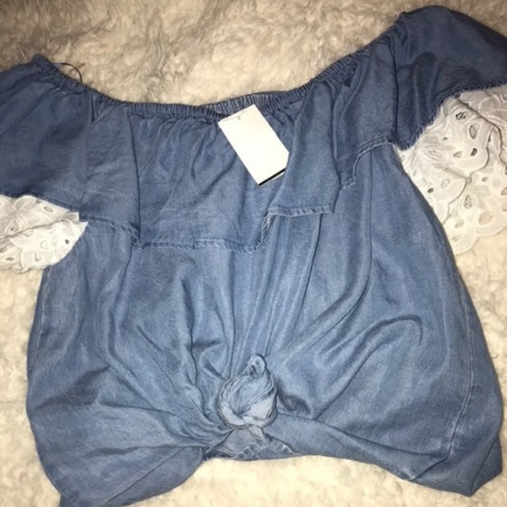 NWT Denim Off Shoulder White Lace Top
